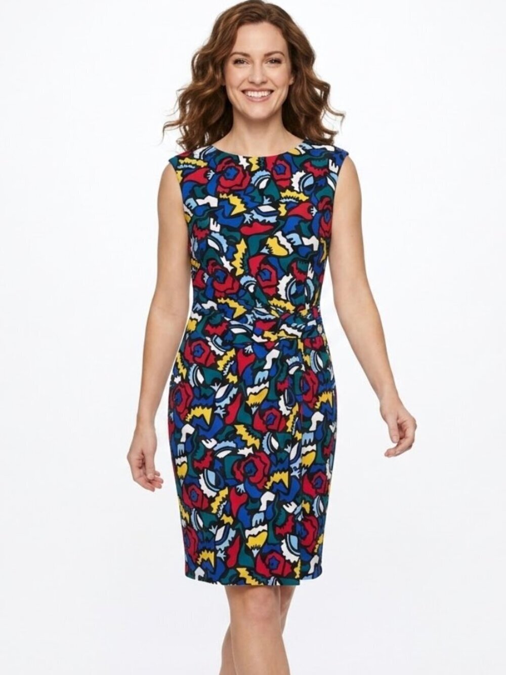 Anne Klein Dress Size 0X Floral Sleeveless Pullover Ruched Waist Stretch New